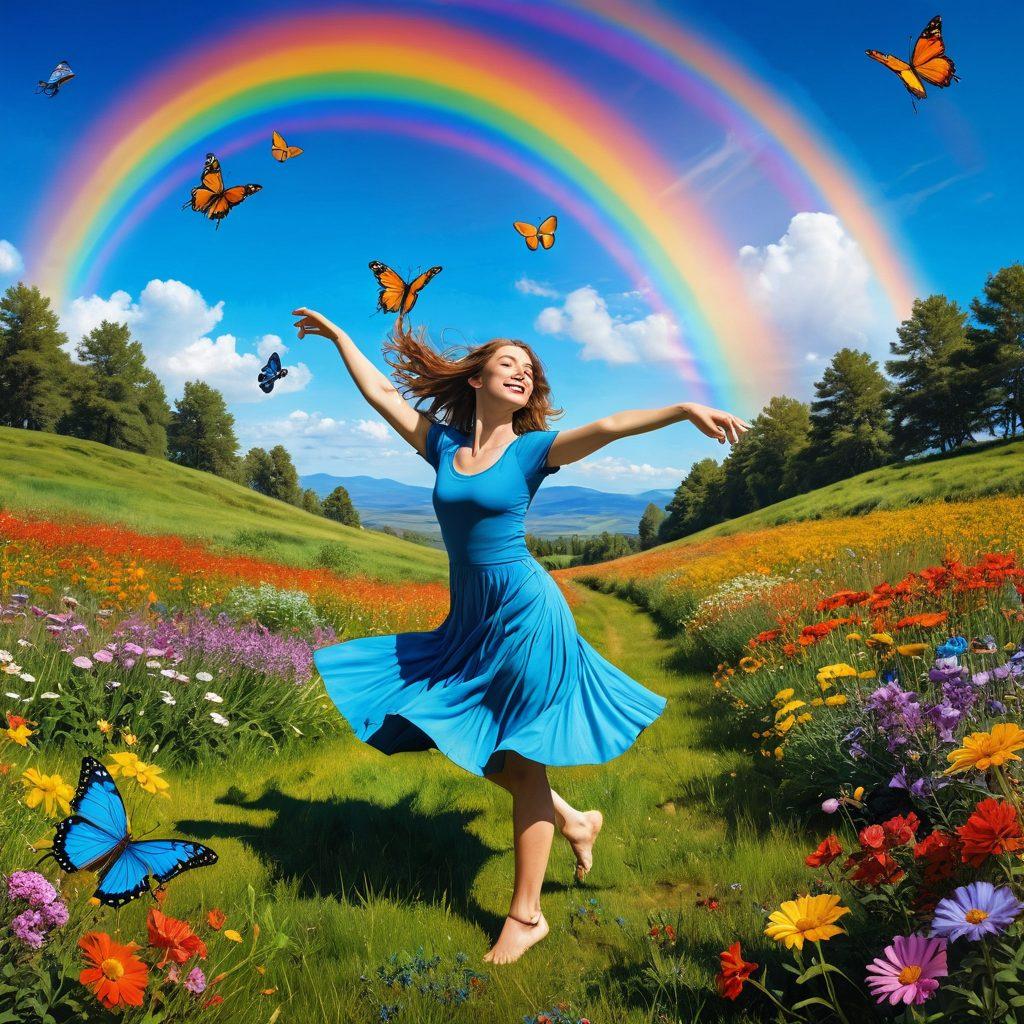 A whimsical scene illustrating a person dancing joyfully in a sunlit meadow, surrounded by vibrant flowers and colorful butterflies. In the background, a rainbow arches across a blue sky, symbolizing positivity and creativity. Elements like a steaming cup of tea and a sketchbook can be placed on a nearby picnic blanket, enhancing the theme of daily bliss. super-realistic. vibrant colors. cheerful atmosphere.