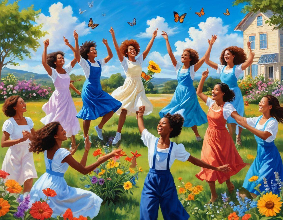 A sun-drenched outdoor scene showcasing a diverse group of joyful people engaging in creative activities like painting, gardening, and dancing. Vibrant flowers bloom around them, symbolizing happiness and vitality. The background features a bright blue sky with fluffy clouds, radiating positivity. Include whimsical elements like butterflies and musical notes floating in the air. super-realistic. vibrant colors. bright background.