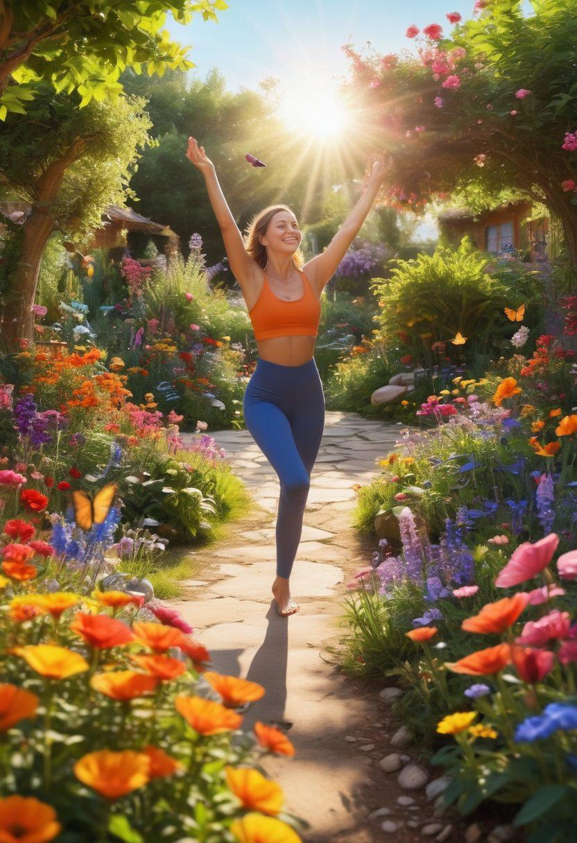 A vibrant garden filled with colorful flowers and smiling people engaging in joyful activities like dancing and laughing, surrounded by bright sunshine and butterflies. Include elements of meditation and self-care practices like yoga or journaling in the background. The scene should evoke happiness and positivity, inspiring viewers to embrace moments of joy. super-realistic. vibrant colors. bright sunlight.